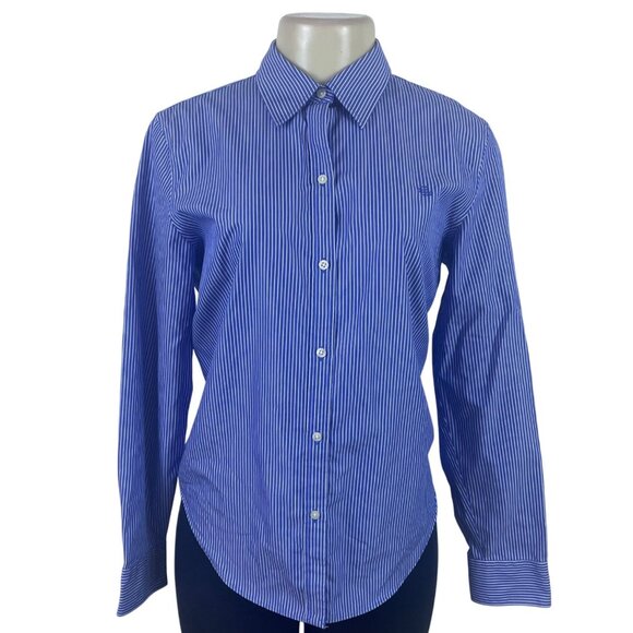 Ralph Lauren Womens Blue Striped Cotton Button-Down Collared Shirt Adjustable Cu - Picture 1 of 9